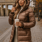 Лина | Дълго, топло яке с щампи и обемна качулка