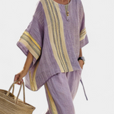 Комплект от ленен бамбук с очарователна лавандула и детайли в жълти ивици