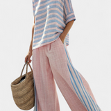 Комплект от ленен бамбук Дейзи Средиземноморски в нежно розов цвят с елегантни сини ивици