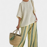 Комплект Дейзи от бамбуков лен Средиземно море с маслинени райета за освежаващ и елегантен стил