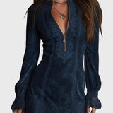 Рейчъл – Синя суедена мини рокля с дантела