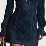 Рейчъл – Синя суедена мини рокля с дантела