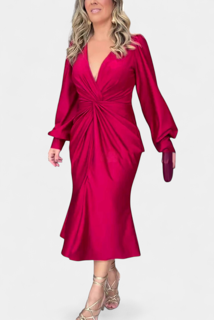 Лена Дълга Рокля с Дълги Ръкави и V-образно Деколте