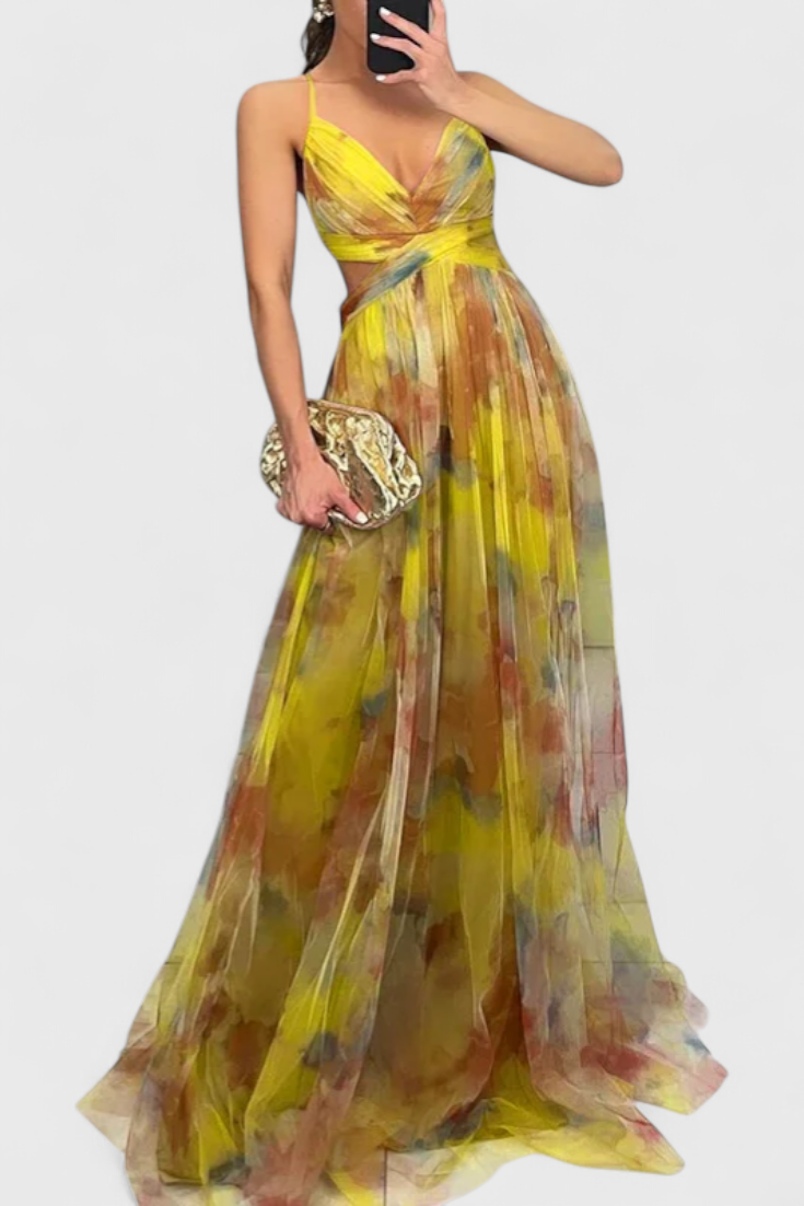 Макси рокля Магдалена с цветен десен и V-образно деколте