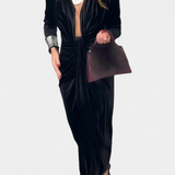 Вилма Дълга Рокля от Златен Бархет с V-Изрез